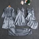 5PCS Women Satin Pajamas Set with Lace Patchwork