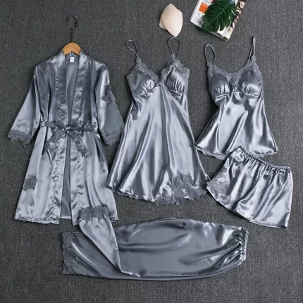 5PCS Women Satin Pajamas Set with Lace Patchwork