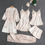 5PCS Women Satin Pajamas Set with Lace Patchwork - Image 3