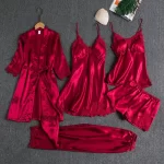 5PCS Women Satin Pajamas Set with Lace Patchwork - Image 4