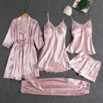 5PCS Women Satin Pajamas Set with Lace Patchwork - Image 5