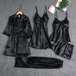 5PCS Women Satin Pajamas Set with Lace Patchwork - Image 6