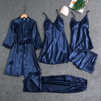 5PCS Women Satin Pajamas Set with Lace Patchwork